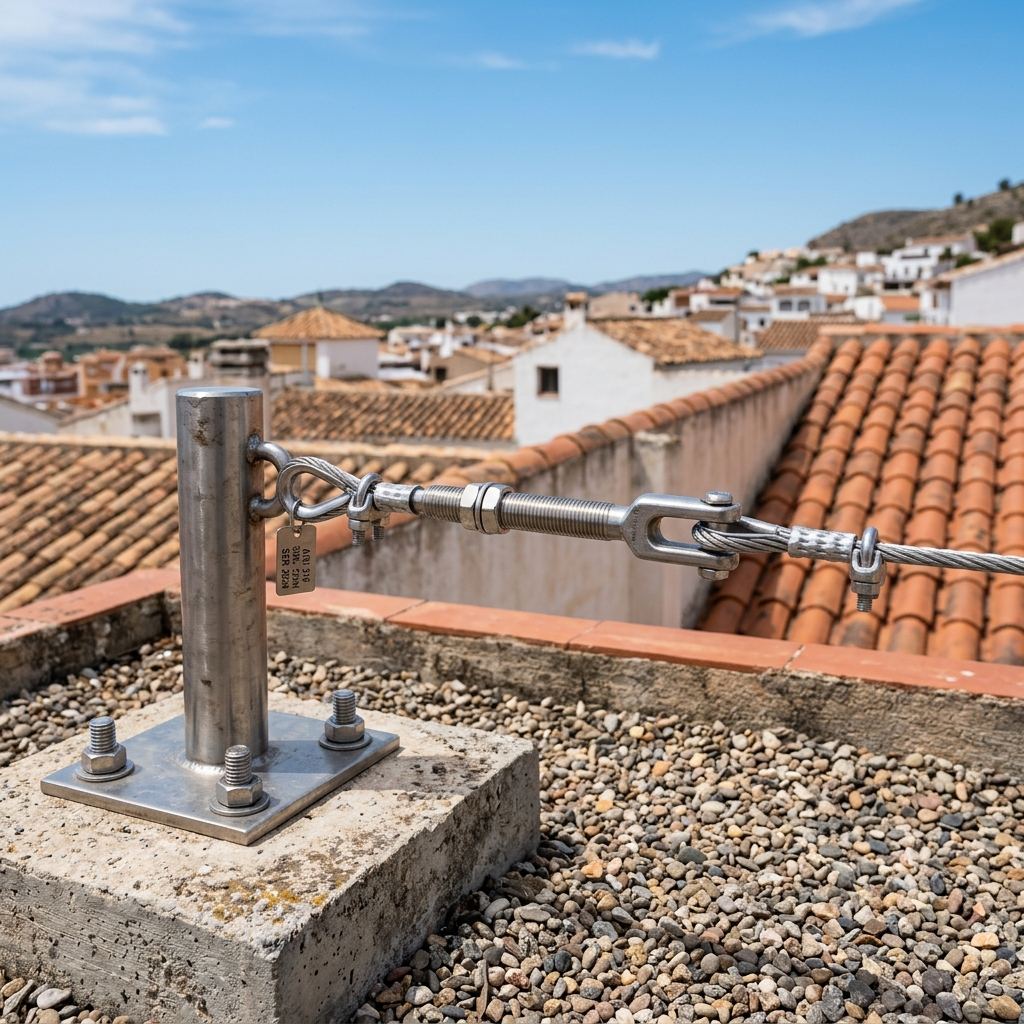 Línea de vida instalada en una cubierta industrial de Mallorca